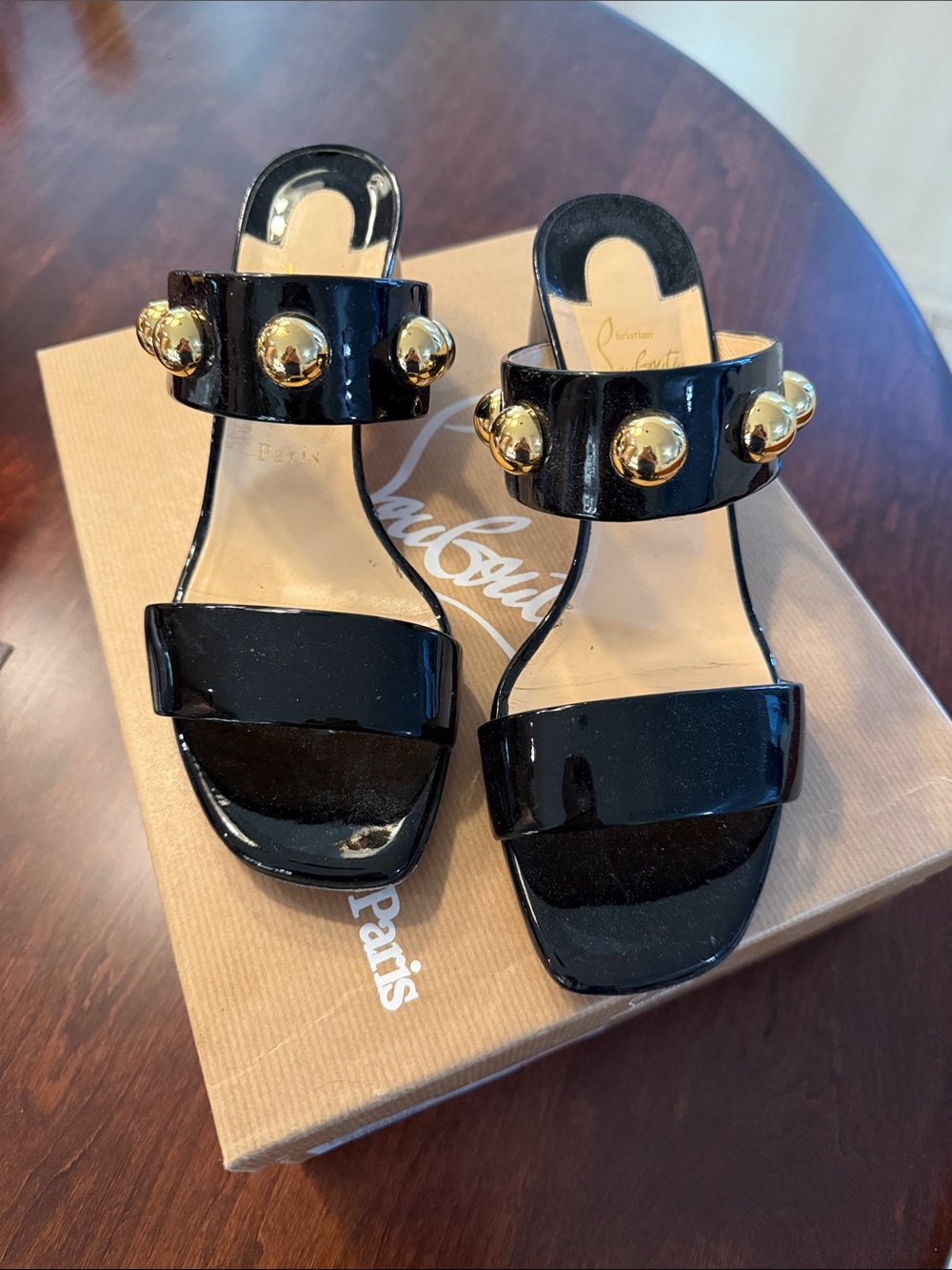 Christian Louboutin Black Patent Sandals with Gold Dome Studs